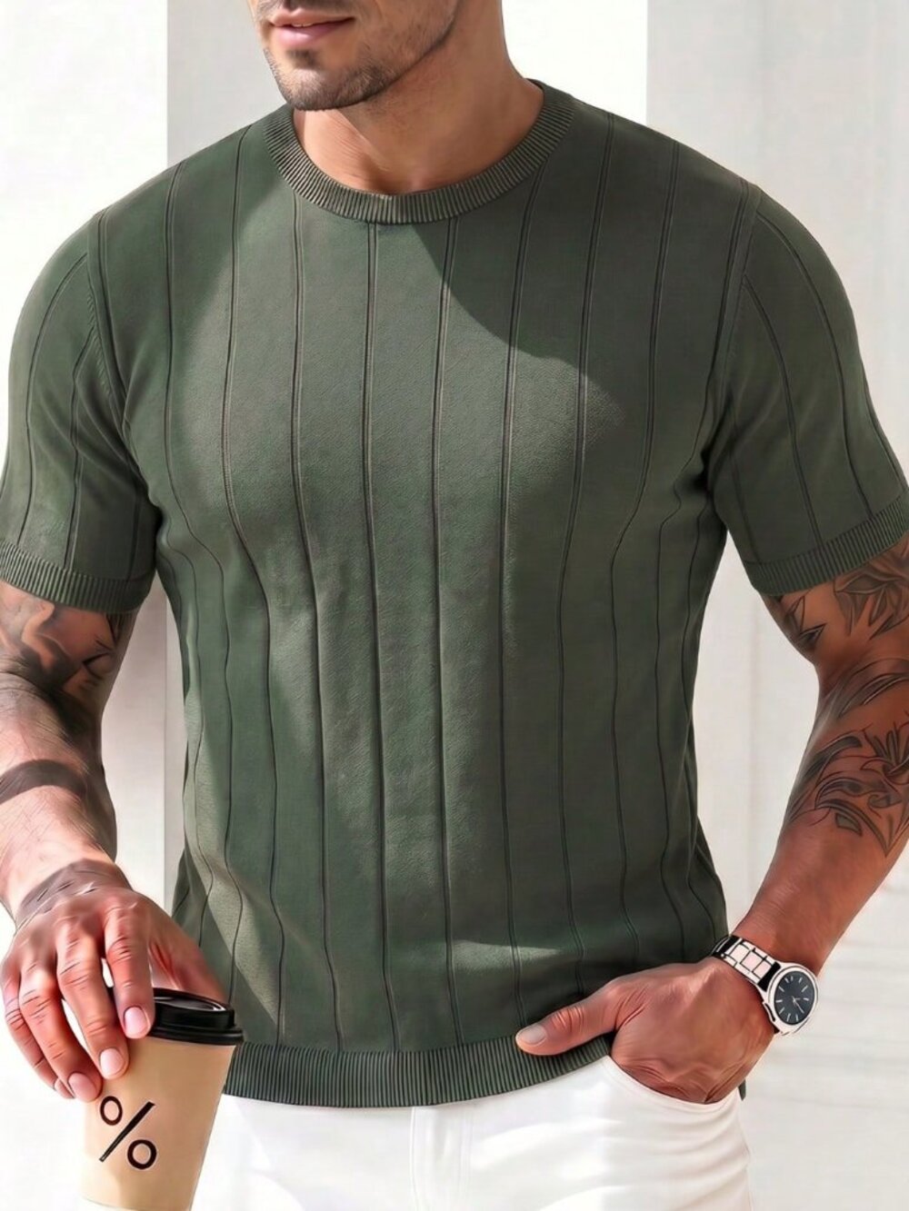 Army Green Casual Men's Regular Ribbed Crew Neck Sweater